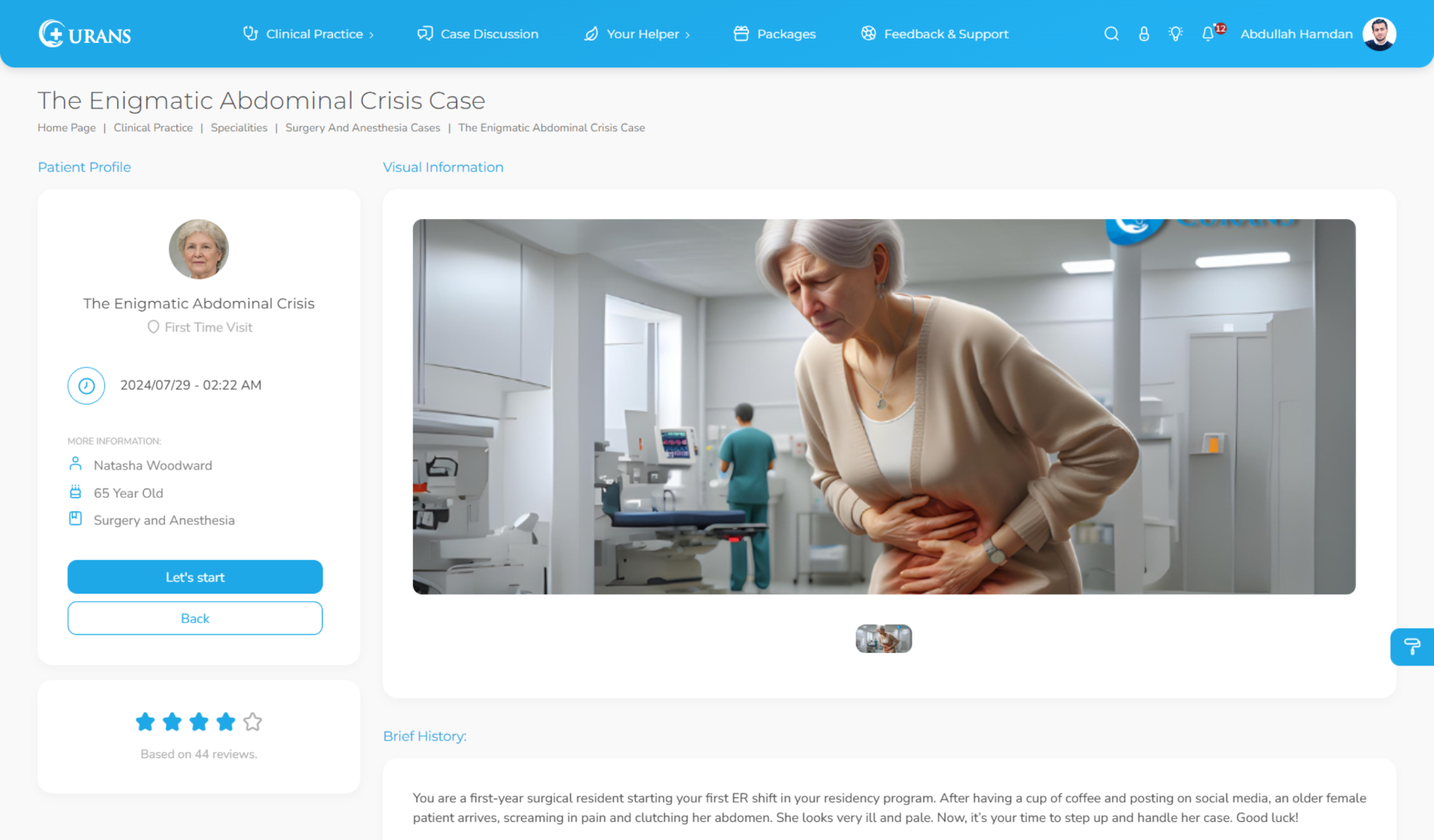 Curans virtual patient case introduction for the Enigmatic Abdominal Crisis