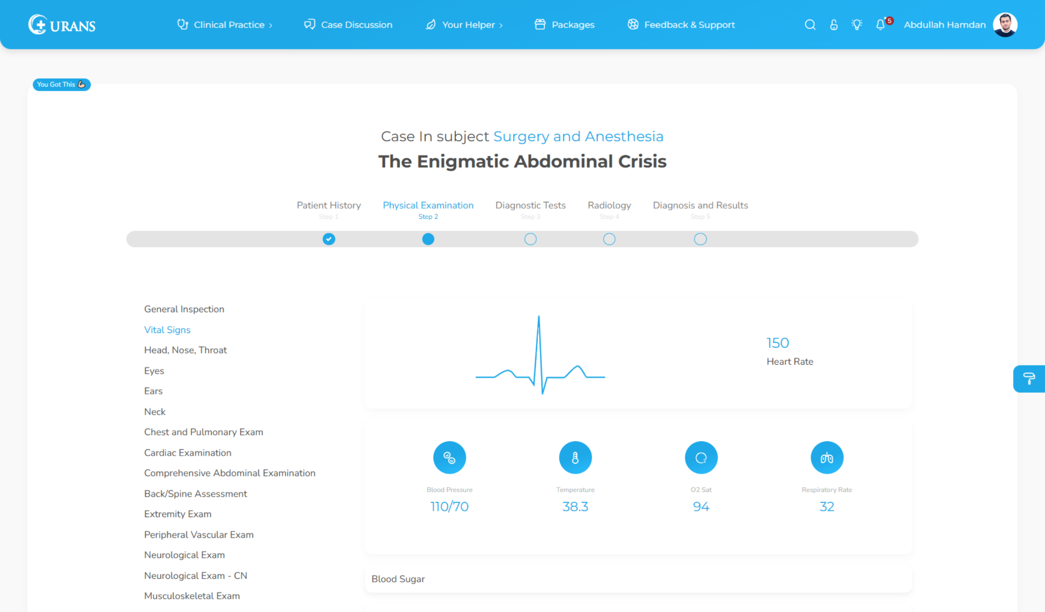 Curans physical examination interface displaying simulated vital signs