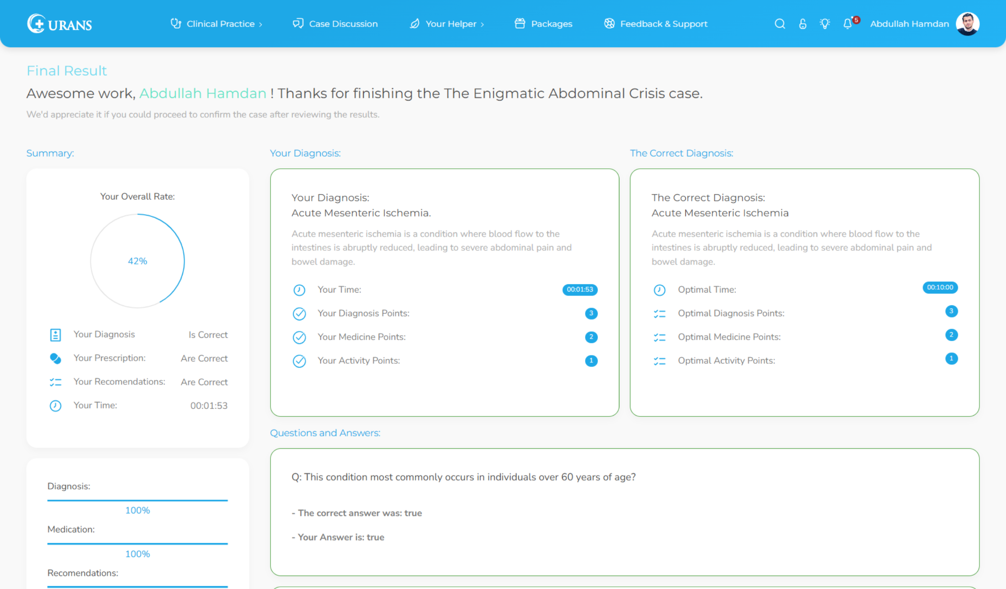 Curans educational feedback screen comparing a learner's diagnosis with the case answer