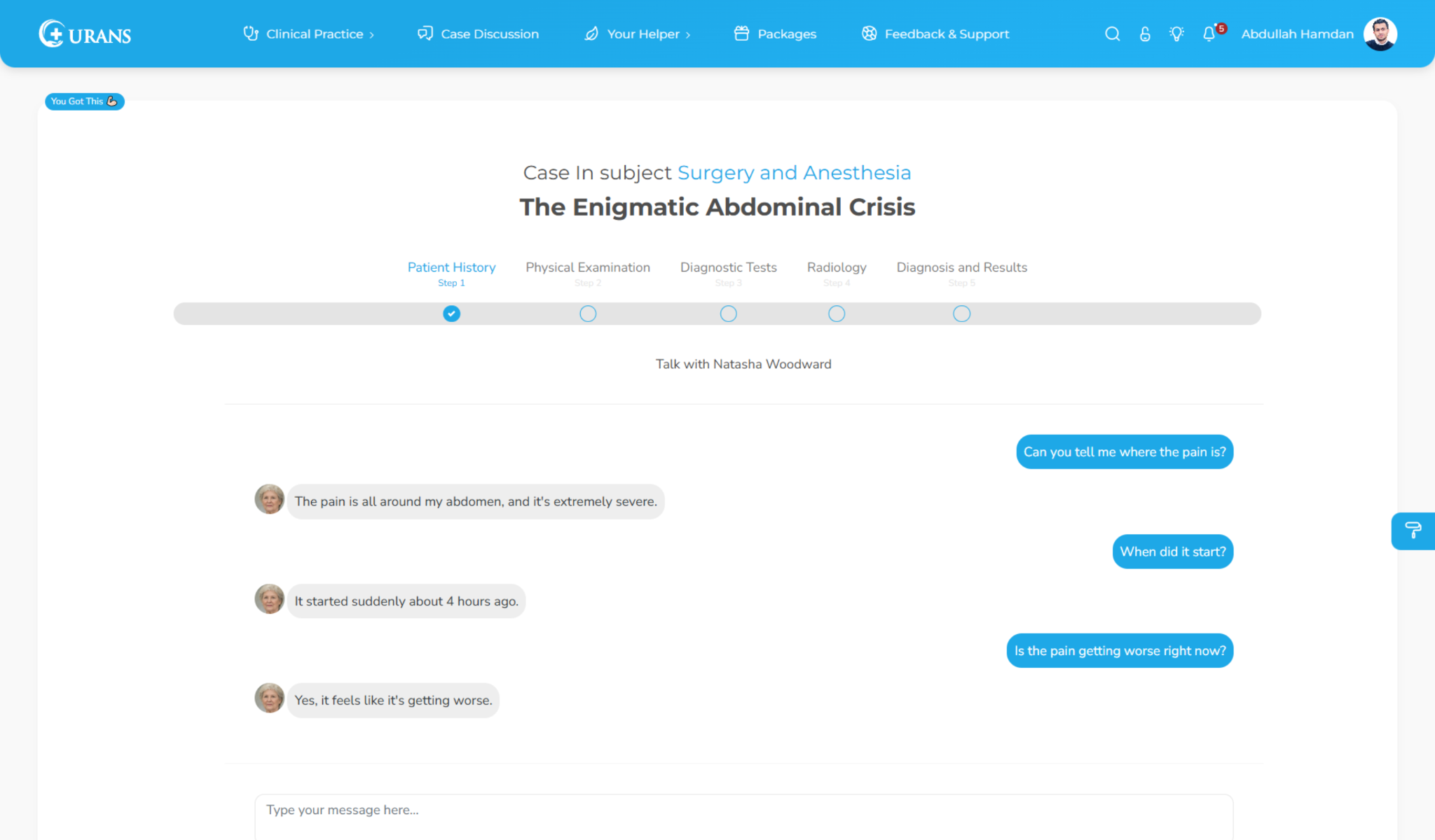 Curans patient history interface with a simulated conversation